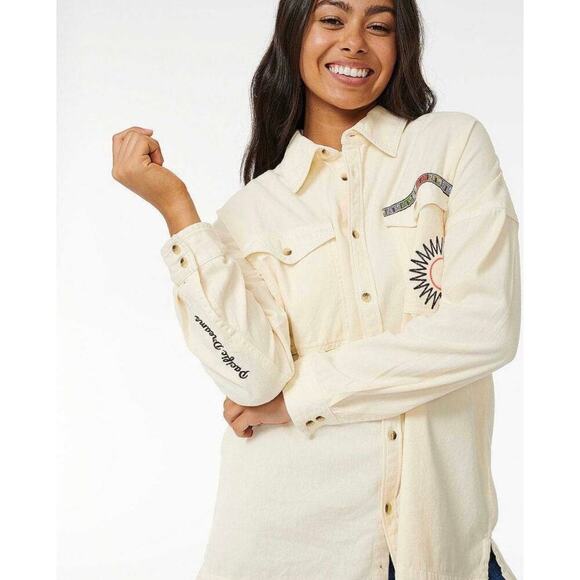 Rip Curl Women’s Embroidered Pacific Dreams Shacket Cream Button Down Large - Picture 2 of 11
